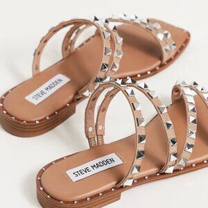 Steve Madden | Women's Skyler Studded Strappy Slide Sandals | TAN | Size 7.5